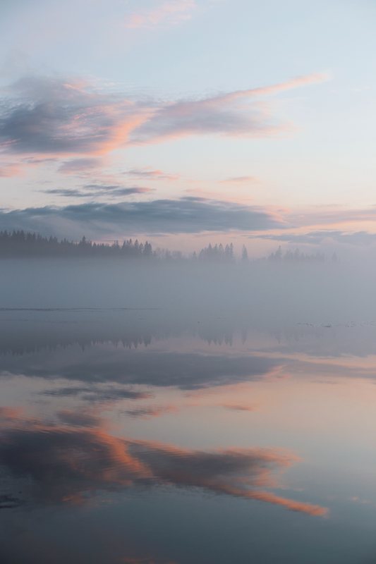 Daggry over stille sø — stilhed og refleksion