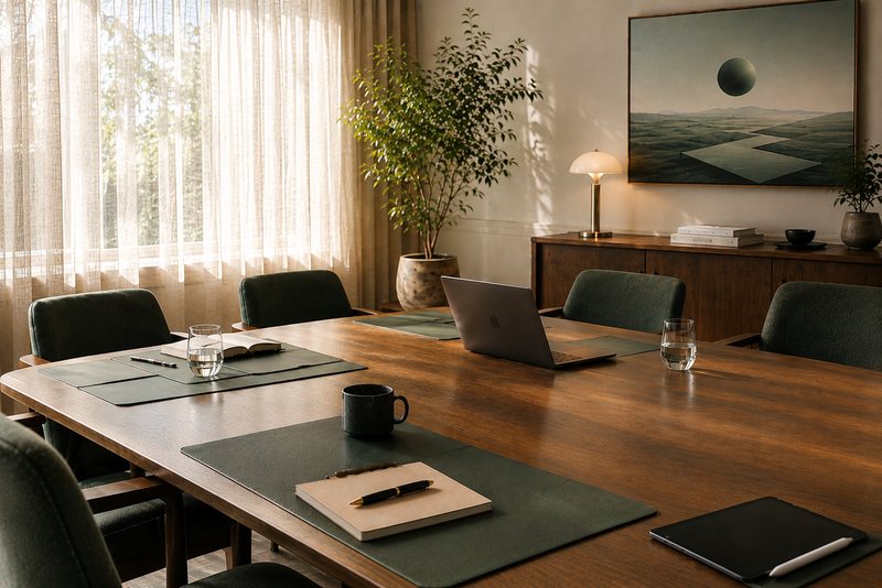 Cloud Capital boardroom — walnut table in soft morning light